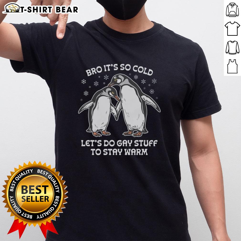 Alt Text: Funny 'Pretty Bro It's So Cold Let's Do Gay Stuff' T-Shirt design for cozy LGBTQ+ fashion on chilly days.
