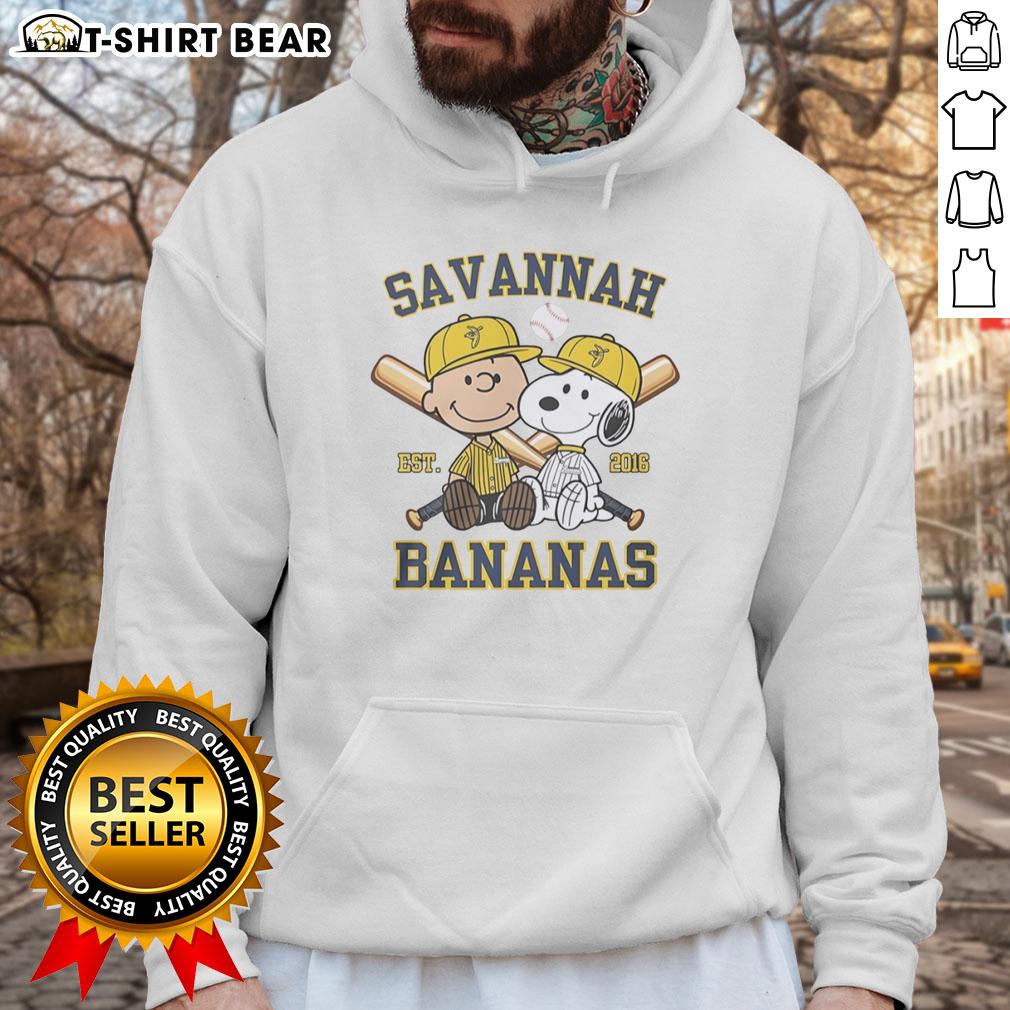 Alt Text: Pretty Charlie Brown and Snoopy in Savannah Bananas outfit hoodie, celebrating Est. 2016 with vibrant colors.
