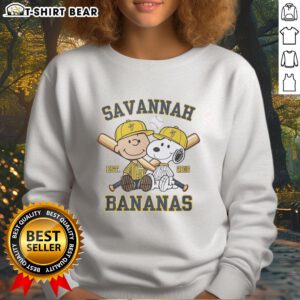 Pretty Charlie Brown and Snoopy in Savannah Bananas outfit, wearing 2016 sweatshirt, showcasing playful design.