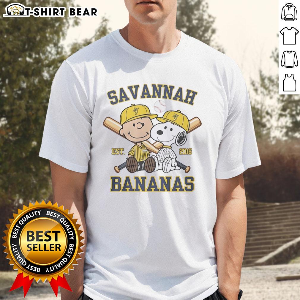 Alt Text: Pretty Charlie Brown and Snoopy in Savannah Bananas Est 2016 T-shirt, showcasing a fun and vibrant design.