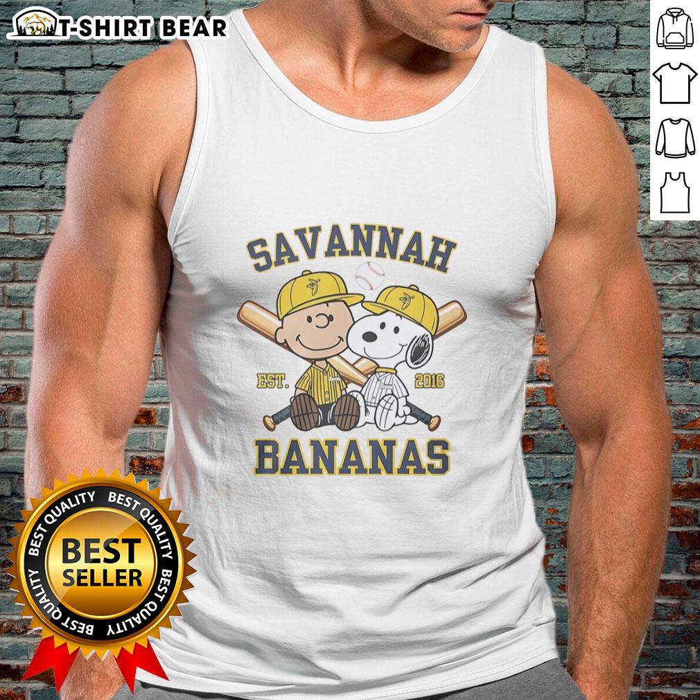 Pretty Charlie Brown and Snoopy in Savannah Bananas outfit, wearing Est 2016 tank top, cheerful cartoon characters.