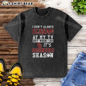 Oklahoma Sooners season NCAA football lover wearing a washed T-shirt, showcasing team spirit and fandom.