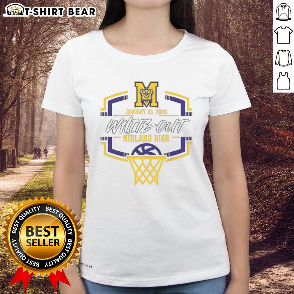 Pretty Midland Bulldog Basketball White Out 2026 ladies tee showcasing school spirit and team pride at Midland High.