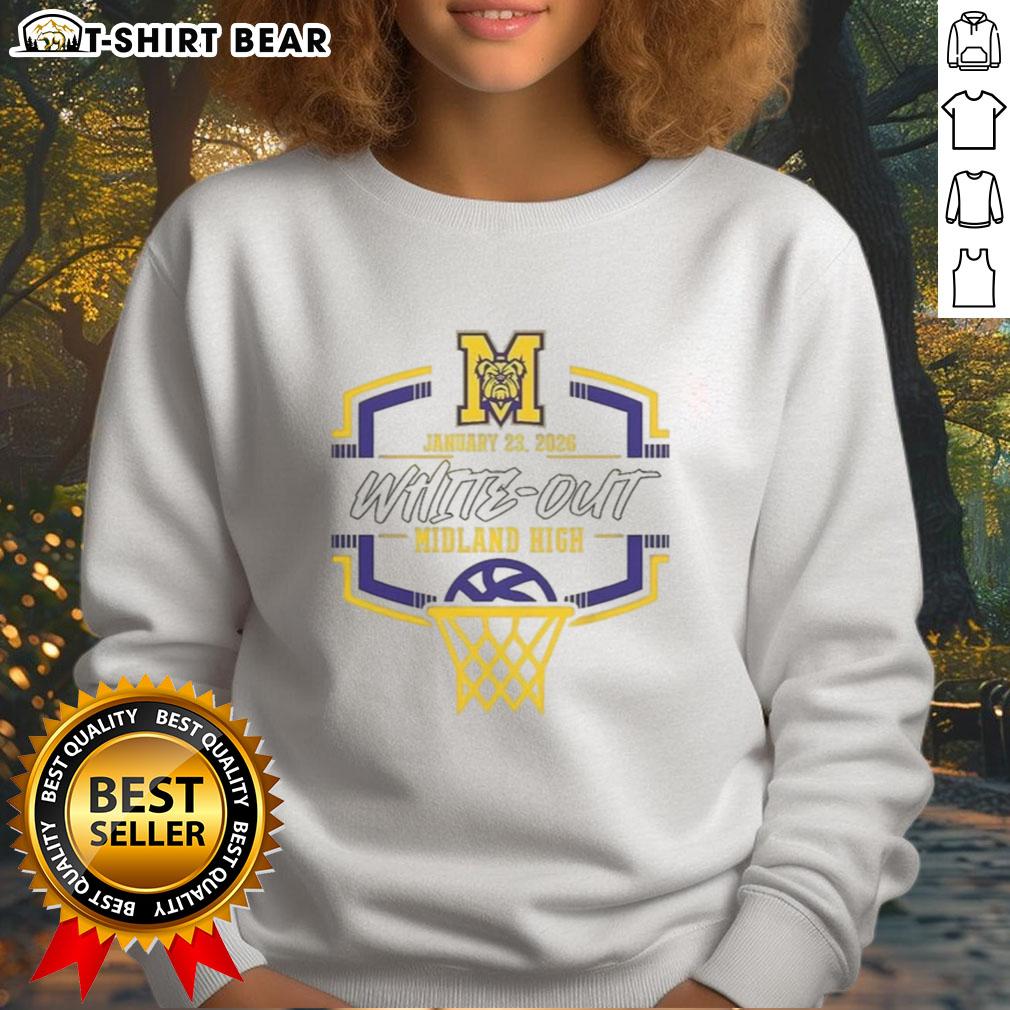 Midland High 2026 sweatshirt featuring a white-out design for Bulldog basketball, showcasing school spirit and team pride.