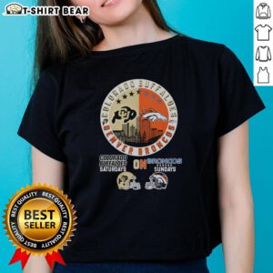 Stylish ladies tee featuring a mashup of Colorado Buffaloes and Denver Broncos helmet logos for game day.