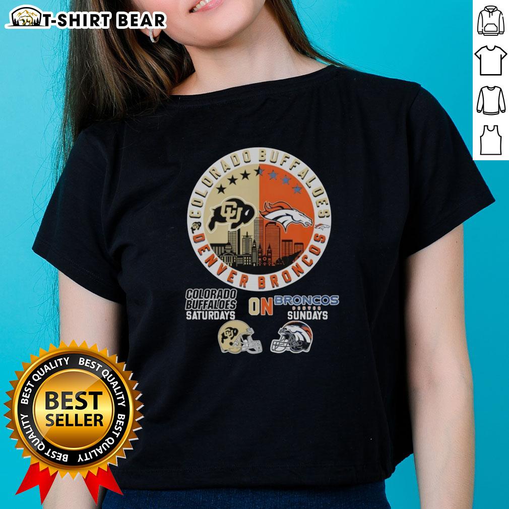 Stylish ladies tee featuring a mashup of Colorado Buffaloes and Denver Broncos helmet logos for game day.