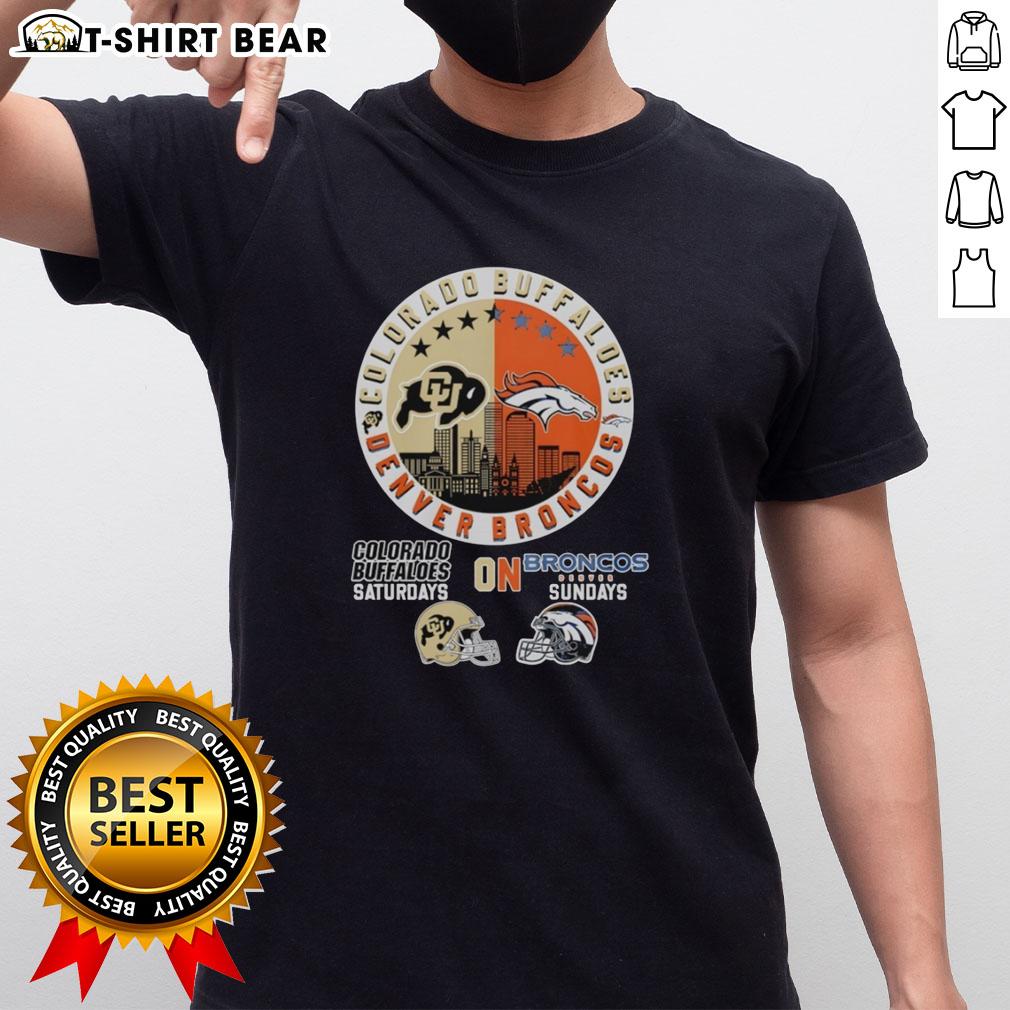Colorado Buffaloes and Denver Broncos helmet logo mashup T-shirt, perfect for sports fans on game days.