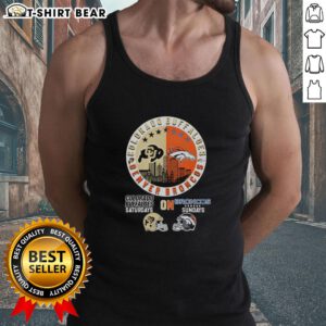 Colorado Buffaloes and Denver Broncos helmet logo mashup on a stylish tank top for game day wear.
