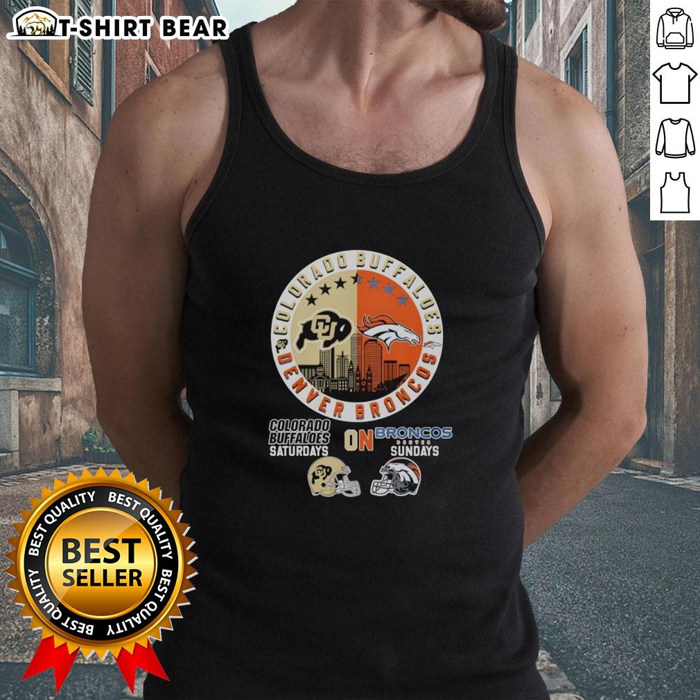 Colorado Buffaloes and Denver Broncos helmet logo mashup on a stylish tank top for game day wear.