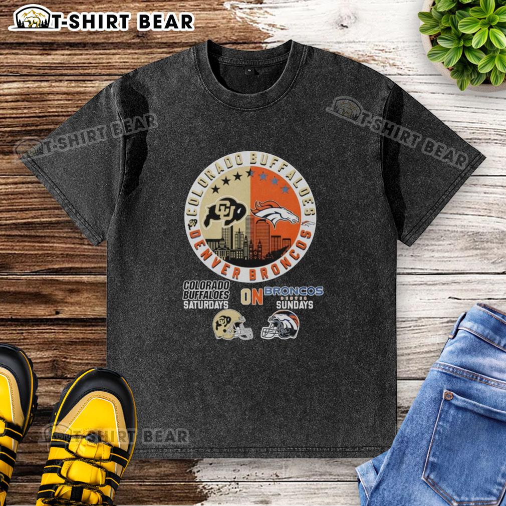 Top Colorado Buffaloes and Denver Broncos helmet logo mashup on a washed t-shirt for game day style.