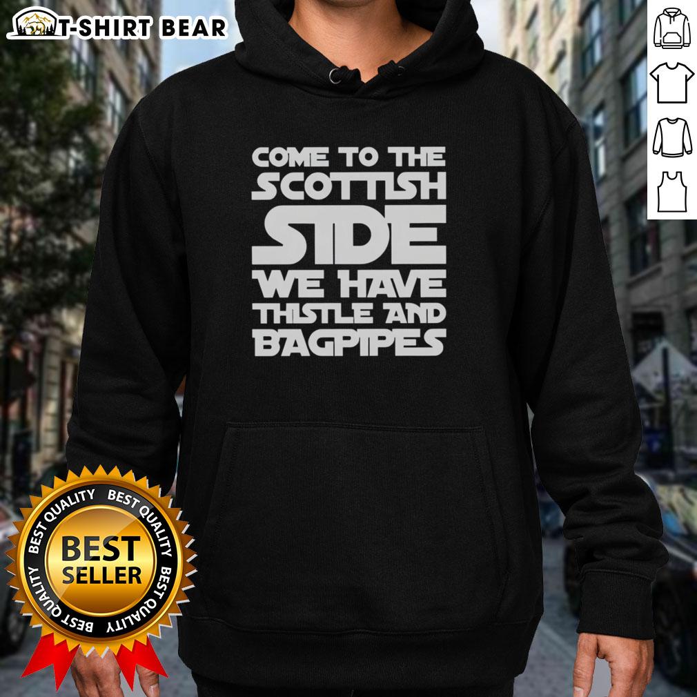 Alt Text: Scottish-themed hoodie featuring thistle and bagpipes design, perfect for celebrating Scottish culture and heritage.