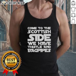 Alt Text: Scottish tank top featuring thistle and bagpipes design, perfect for showcasing your love for Scotland.