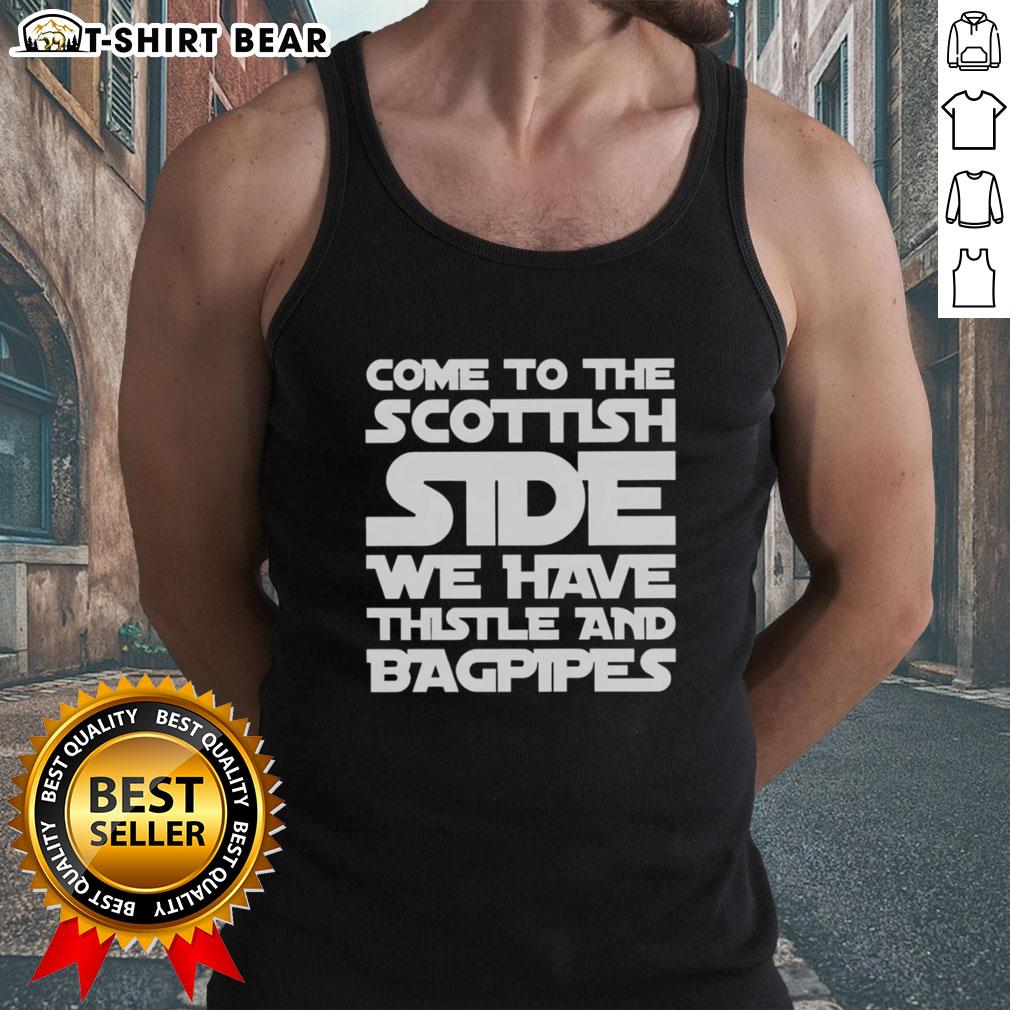Alt Text: Scottish tank top featuring thistle and bagpipes design, perfect for showcasing your love for Scotland.