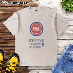 Alt Text: Top Detroit Pistons Eastern Conference 2025 washed t-shirt featuring bold team logo and vintage style.