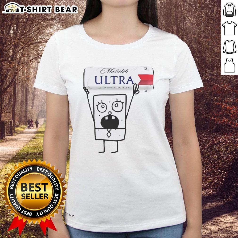 Alt Text: Doodlebob holding a Michelob Ultra Superior Light Lager beer can on a ladies tee, showcasing fun summer vibes.