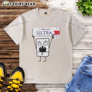 Alt Text: Doodlebob holding a Michelob Ultra superior light lager beer can while wearing a washed t-shirt.