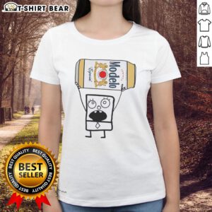 Doodlebob holding a Modelo Especial beer can, featured on a stylish ladies tee, perfect for casual outings.