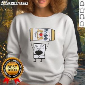 Alt Text: Doodlebob wearing a Modelo Especial beer can sweatshirt, showcasing a fun and unique cartoon-inspired design.
