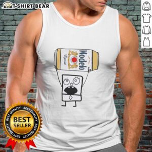 Alt Text: Top Doodlebob wearing a tank top, holding a Modelo Especial beer can in a vibrant, playful setting.