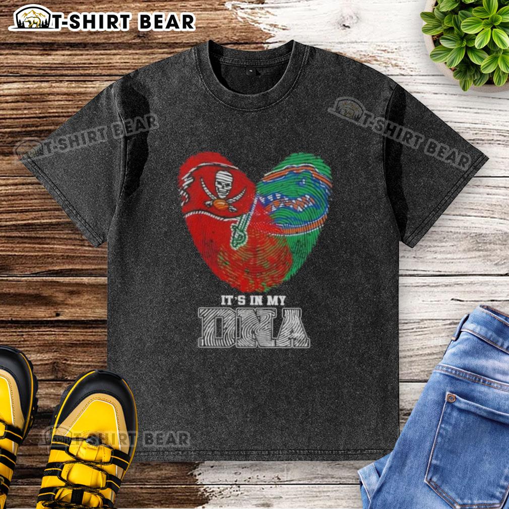 Washed T-shirt featuring 'It's in My DNA' design for Tampa Bay Buccaneers and Florida Gators fans, perfect for game day.
