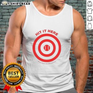 Trendy Target baseball tank top featuring 'Top Hit It Here' design, perfect for fans and making Zack Hampie jealous.