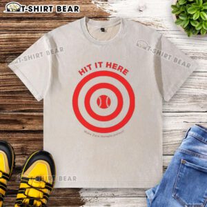 Top Hit It Here Make Zack Hampie Jealous Target Baseball Washed T-Shirt displayed on a hanger, showcasing its trendy design.