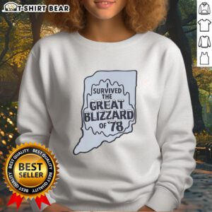 Cozy sweatshirt featuring 'Top I Survived The Great Blizzard of 78' design, perfect for Indiana winter enthusiasts.