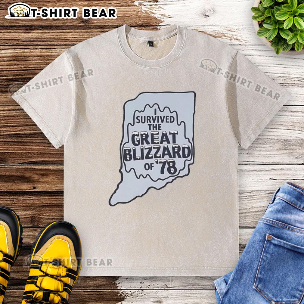 Top I Survived The Great Blizzard Of 78 Indiana Outline T-Shirt showcasing a vintage design celebrating the historic storm.