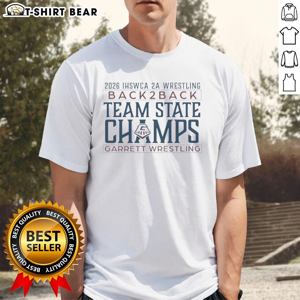 Garrett Wrestling T-Shirt celebrating Top Ihswca 2A Wrestling Back2Back Team State Champs with bold graphics.