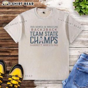 Garrett Wrestling team celebrates as 2A State Champs in washed t-shirt, showcasing their back-to-back IHSWCA victory.