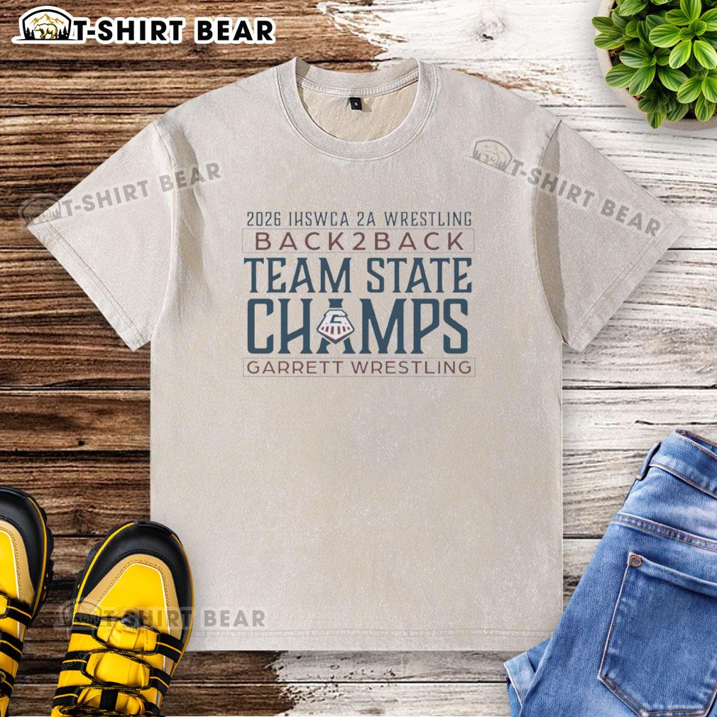 Garrett Wrestling team celebrates as 2A State Champs in washed t-shirt, showcasing their back-to-back IHSWCA victory.