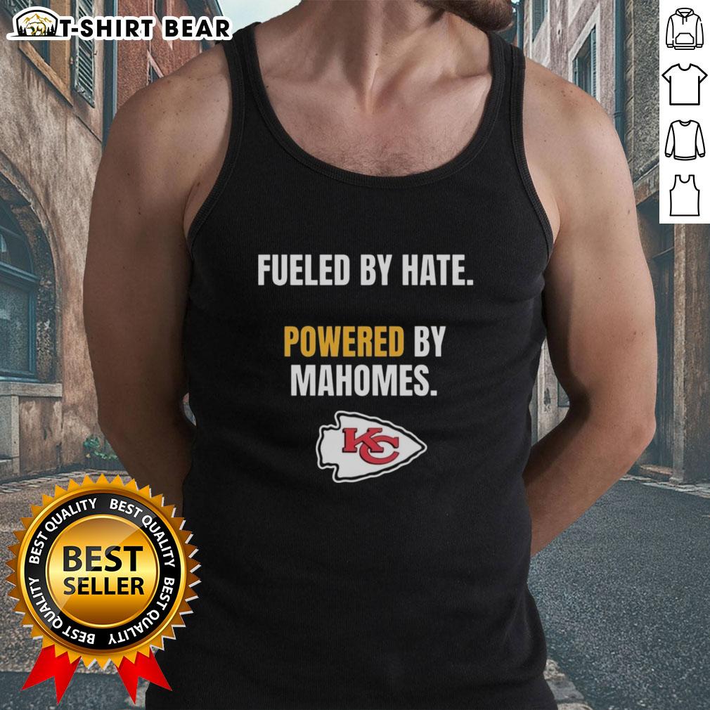 Top Kansas City Chiefs tank top featuring 'Fueled By Hate, Powered By Mahomes' design, perfect for fans and game day.