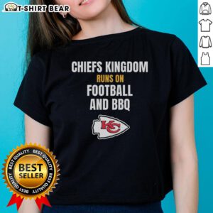 Alt Text: Top Kansas City Chiefs Kingdom Runs on Football and BBQ Ladies Tee featuring team colors and playful graphics.