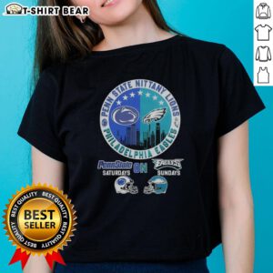 Top Penn State Nittany Lions and Philadelphia Eagles helmet logo mashup on a ladies tee, perfect for game day style.