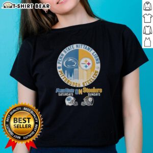 Alt Text: Women's tee featuring a mashup of Pittsburgh Steelers and Penn State Nittany Lions helmet logos for game day style.