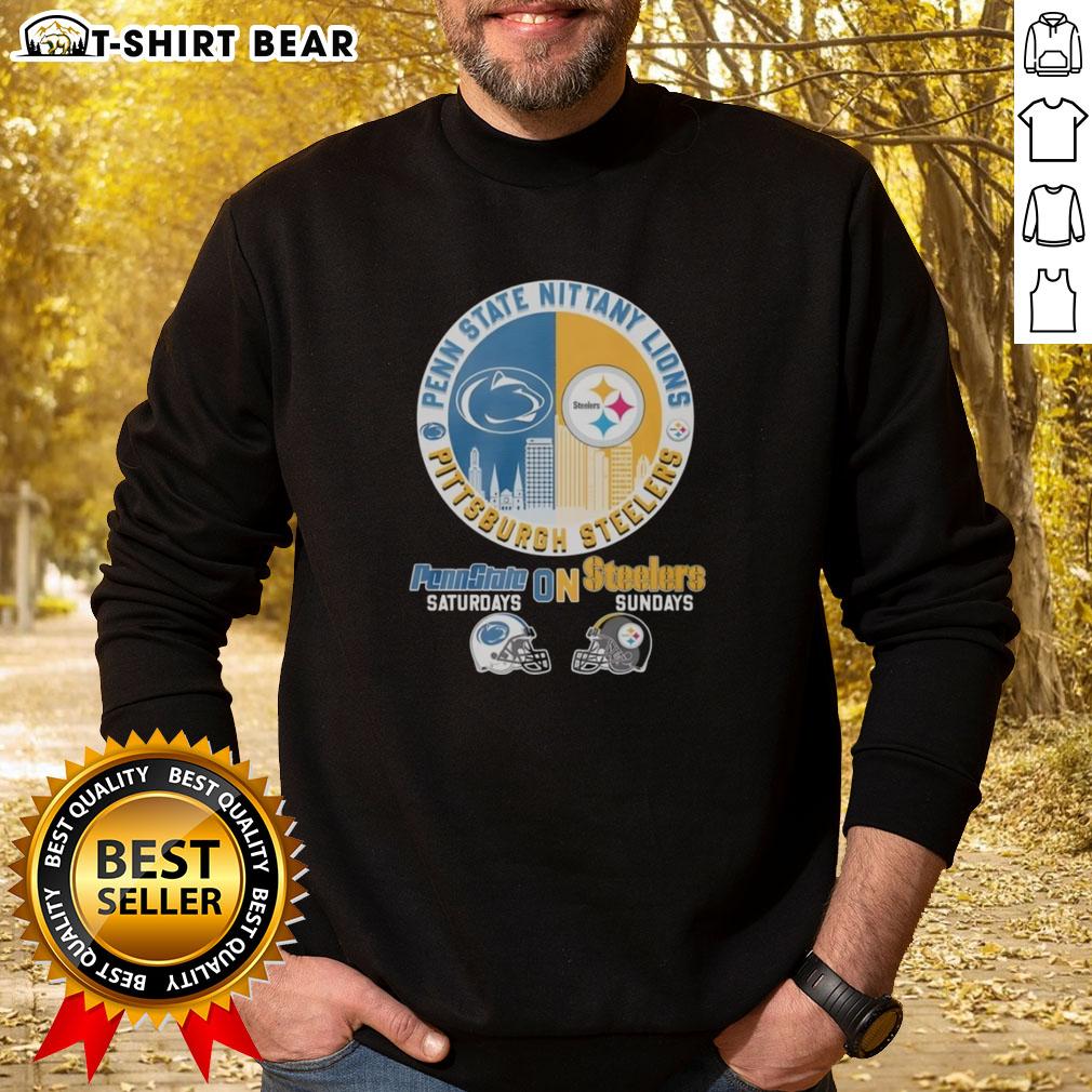 Alt Text: Pittsburgh Steelers and Penn State Nittany Lions helmet logo mashup sweatshirt for fans on game days.