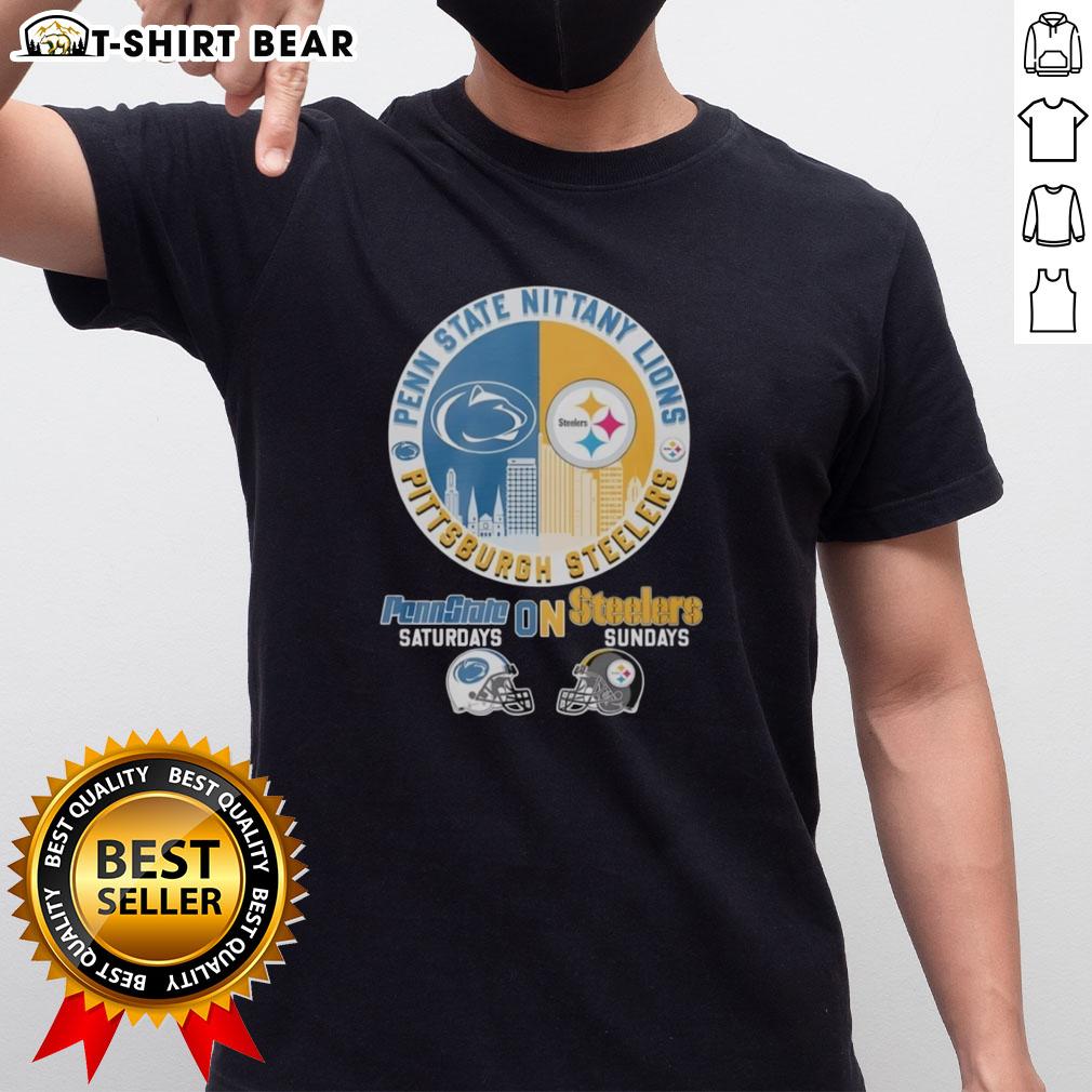 Alt Text: Pittsburgh Steelers and Penn State Nittany Lions helmet logo mashup T-shirt design for game day style.