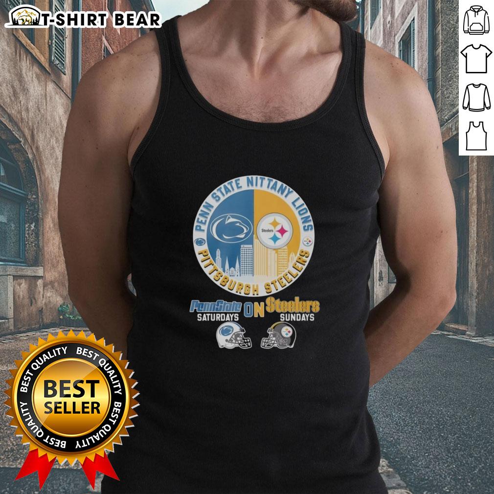 Pittsburgh Steelers and Penn State Nittany Lions helmet logo mashup on a stylish tank top design.