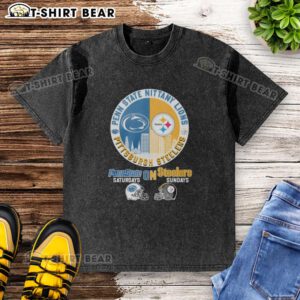 Pittsburgh Steelers and Penn State Nittany Lions helmet logo mashup on a washed t-shirt for ultimate fan style.