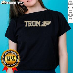 Alt Text: Ladies tee featuring the Purdue Boilermakers football logo and Trump logo, perfect for fans and supporters.