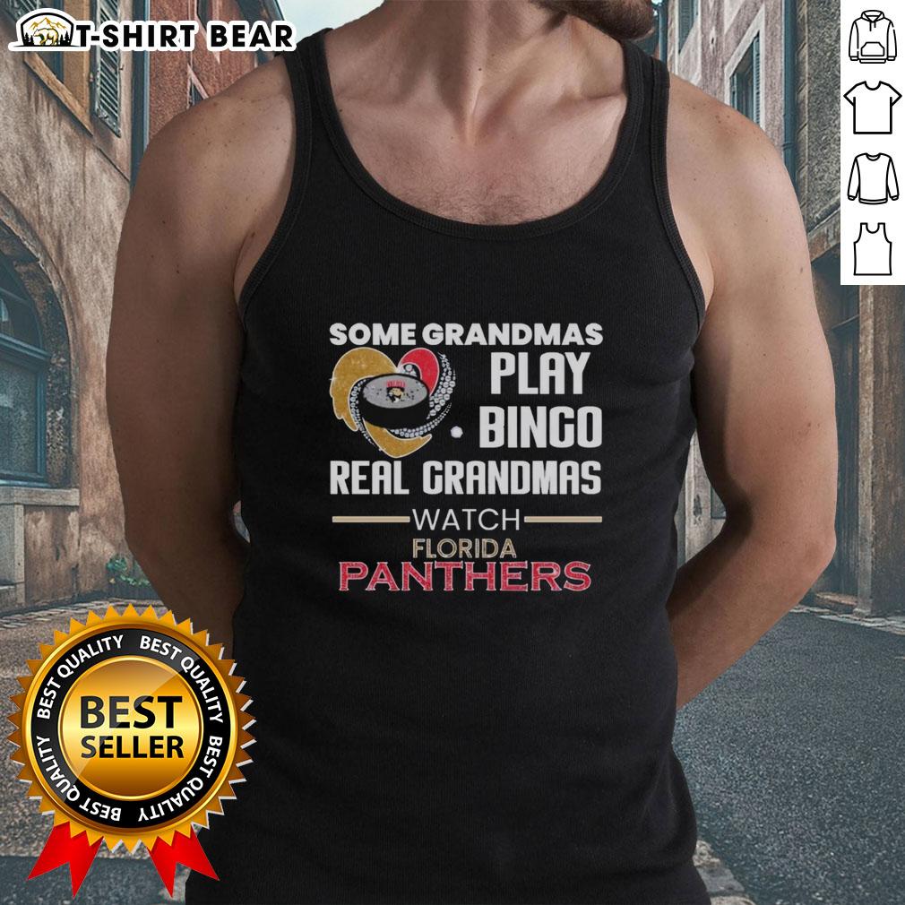Fun grandma wearing a Florida Panthers tank top, excitedly playing bingo with friends, showcasing vibrant spirit and team pride.