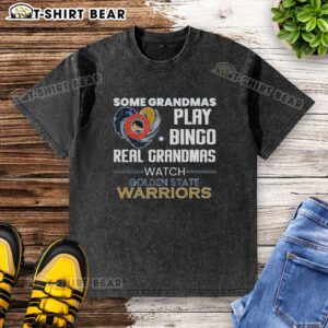 Real grandmas play bingo in a Golden State Warriors washed t-shirt, showcasing fun and camaraderie. Awesome grandmas!