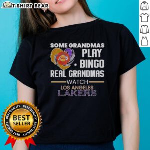Awesome grandmas playing bingo while watching Los Angeles Lakers in stylish ladies tee, celebrating fun and sport.