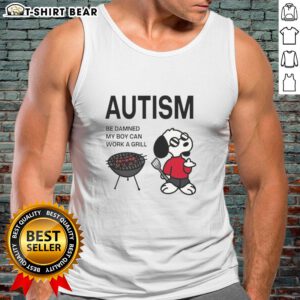 Boy in a Snoopy tank top confidently grilling, showcasing the spirit of 'Good Autism Be Damned' with joy and pride.