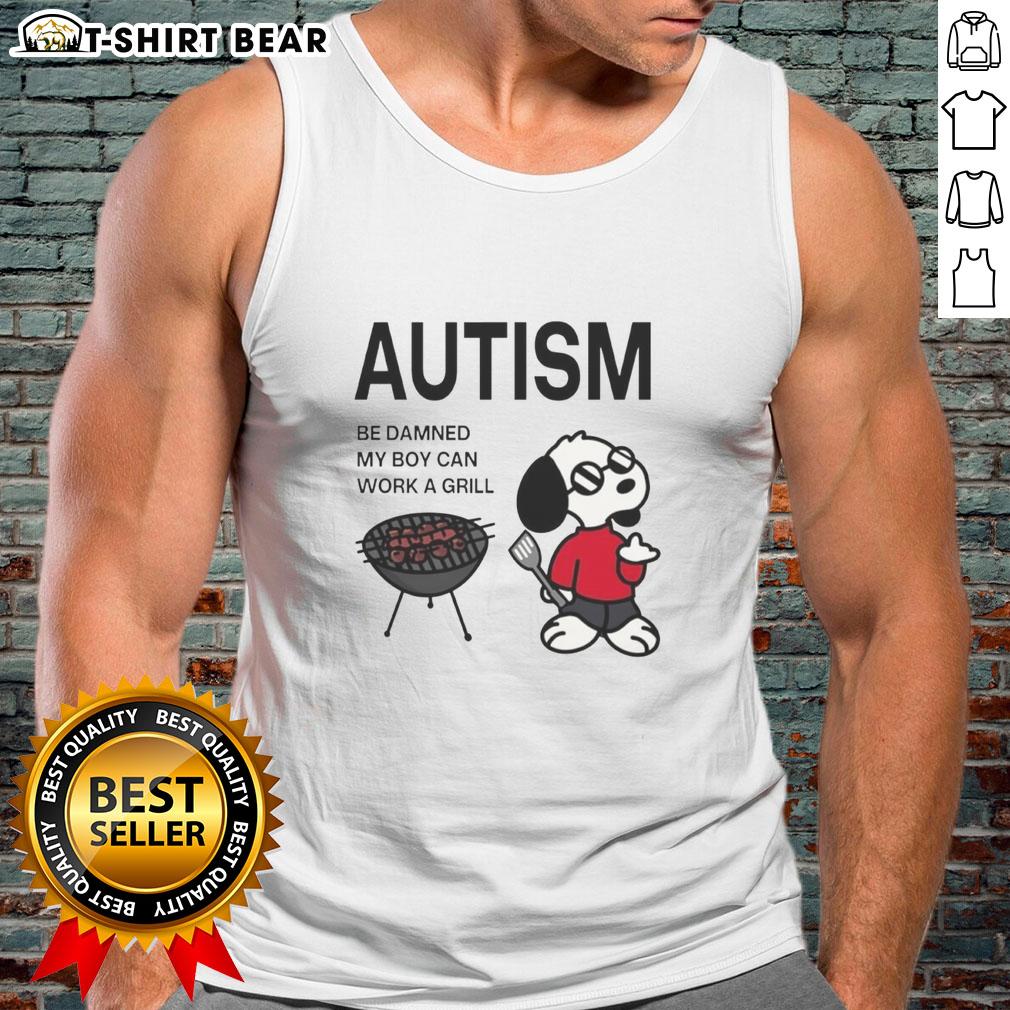 Boy in a Snoopy tank top confidently grilling, showcasing the spirit of 'Good Autism Be Damned' with joy and pride.