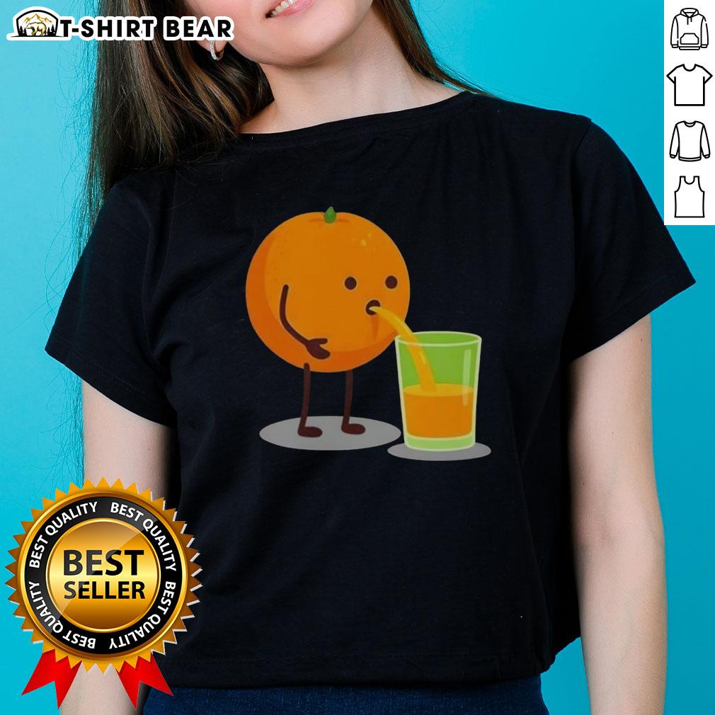 Cheerful orange juice character on a ladies tee, perfect for citrus lovers and fun fashion enthusiasts.