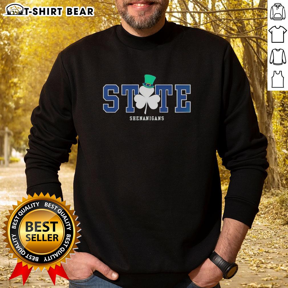 Good State Shenanigans Irish Green Sweatshirt displayed on a hanger, showcasing vibrant green color and cozy design.