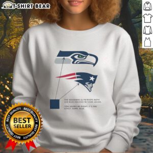 Alt Text: Seattle Seahawks and New England Patriots logos in blue on a sweatshirt, showcasing team spirit and style.