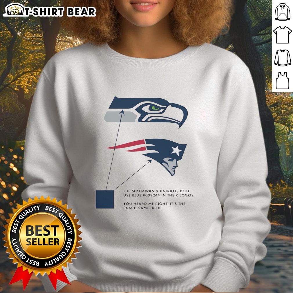 Alt Text: Seattle Seahawks and New England Patriots logos in blue on a sweatshirt, showcasing team spirit and style.
