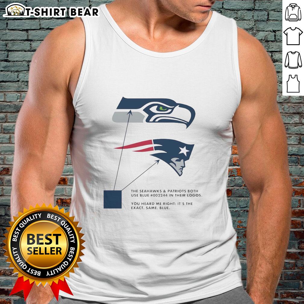 Tank top featuring logos of Seattle Seahawks and New England Patriots, showcasing blue color 002244.